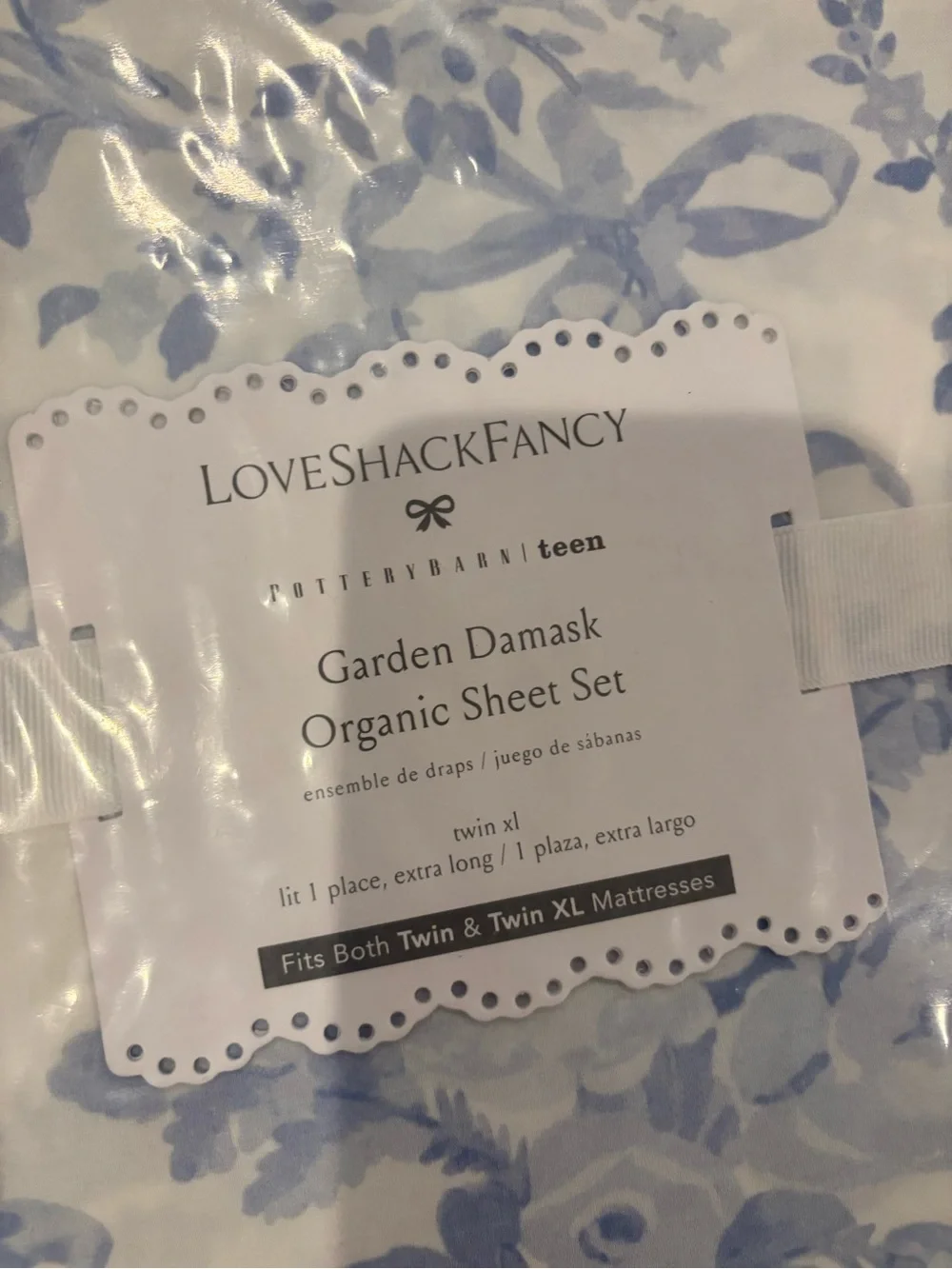 POTTERY BARN TEEN LOVESHACKFANCY GARDEN DAMASK ORGANIC SHEET SET TWIN XL BLUE